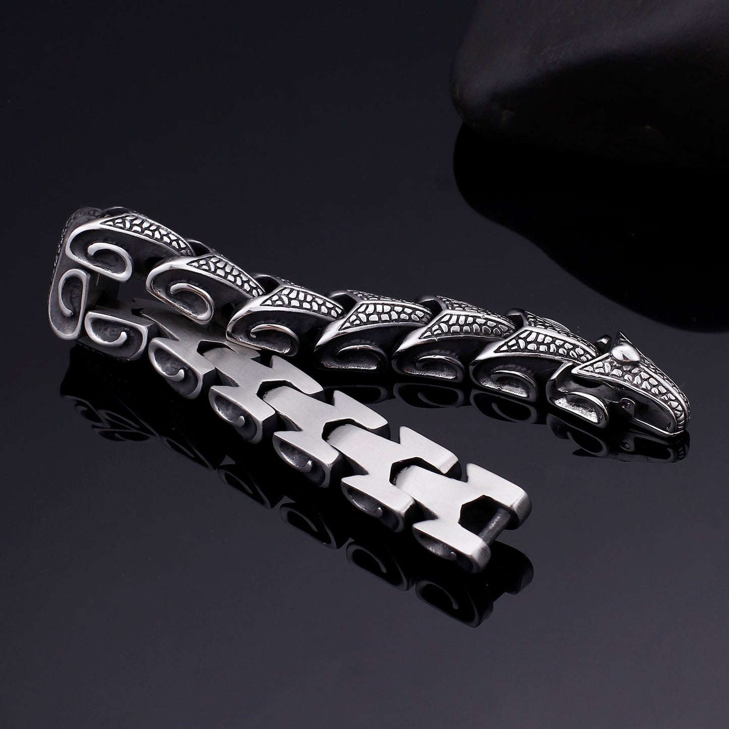 Fongten Vintage Dragon Black Stainless Steel Bracelet Punk Mens Bracelets Bangles Fashion Jewelry