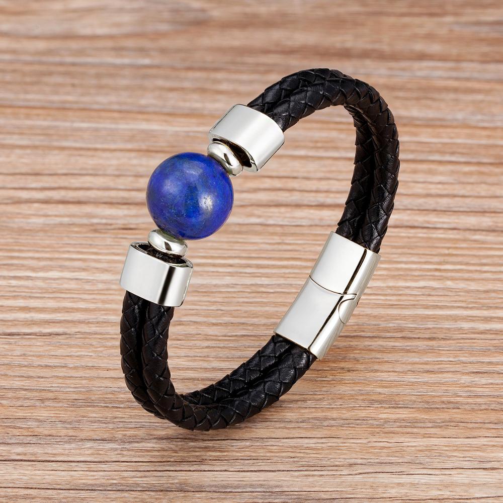 2020 Classic Double Genuine Leather Bracelet Natural Round Tiger Eye Stone Men Bracelets Stainless Steel Magnetic Mens Jewelry