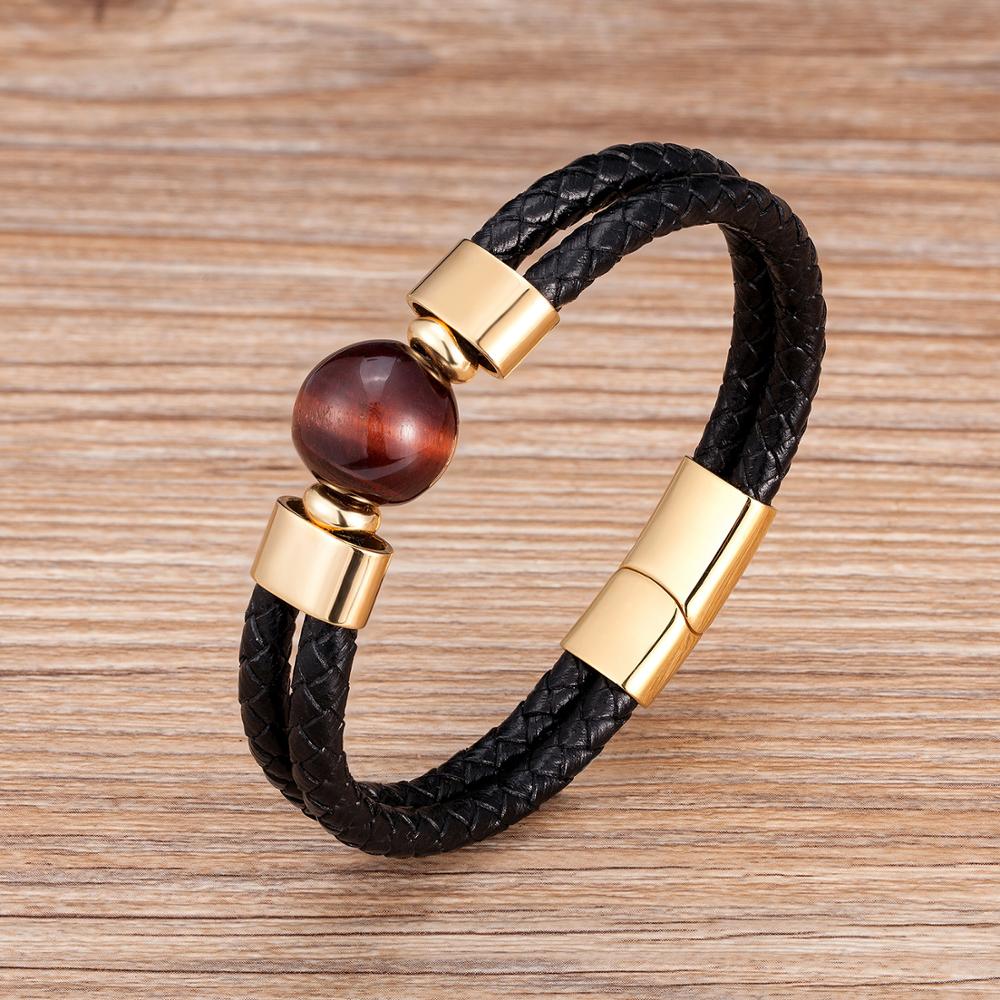 2020 Classic Double Genuine Leather Bracelet Natural Round Tiger Eye Stone Men Bracelets Stainless Steel Magnetic Mens Jewelry