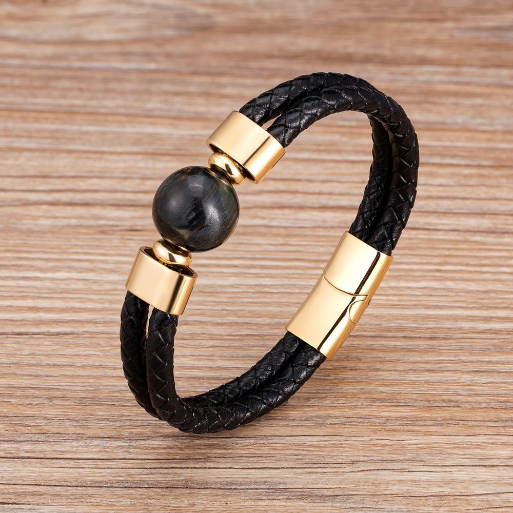 2020 Classic Double Genuine Leather Bracelet Natural Round Tiger Eye Stone Men Bracelets Stainless Steel Magnetic Mens Jewelry