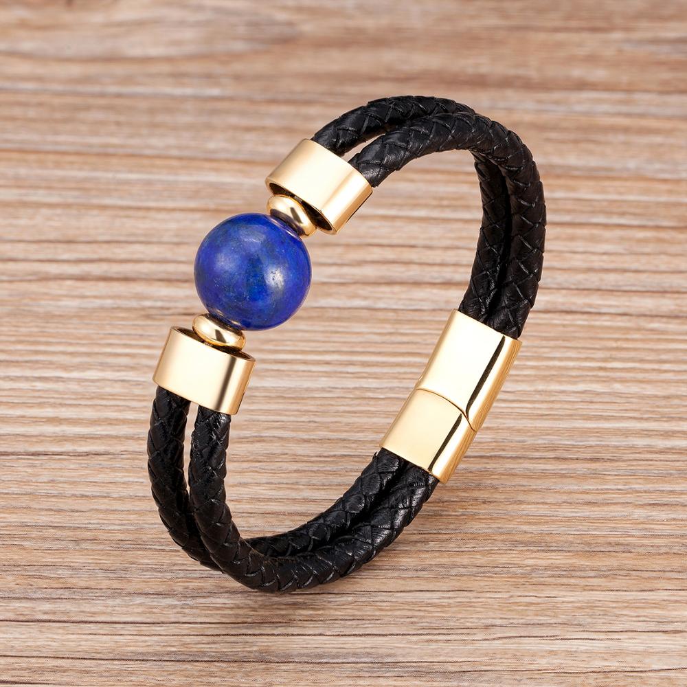 2020 Classic Double Genuine Leather Bracelet Natural Round Tiger Eye Stone Men Bracelets Stainless Steel Magnetic Mens Jewelry