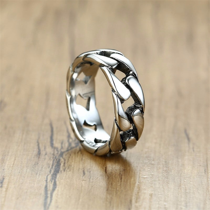 7MM Men Stainless Steel Ring for Men&#39;s Bands Hollow Hard Curb Link Chain Biker Ring