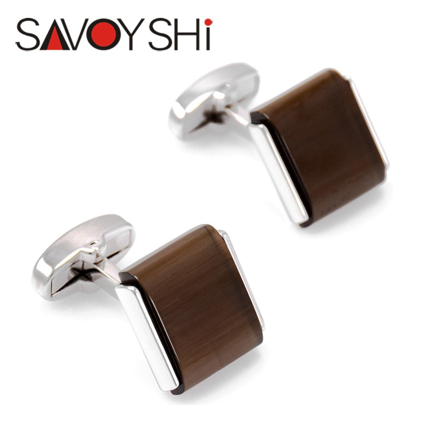 SAVOYSHI Shirt Cufflinks for Mens High Quality square brown Stone Cuff Links Brand Jewelry Special Gift Free Engraving Name