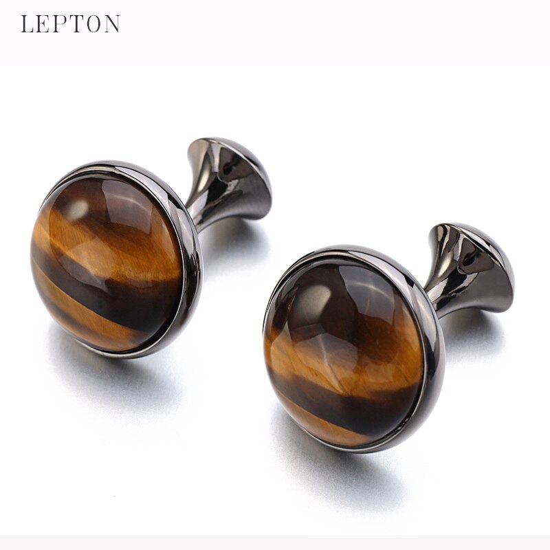 Low-key Luxury Tiger-eye Stone Cufflinks for Mens Gold Color Plated Lepton High Quality Brand Round Stone Cuff links Best Gift