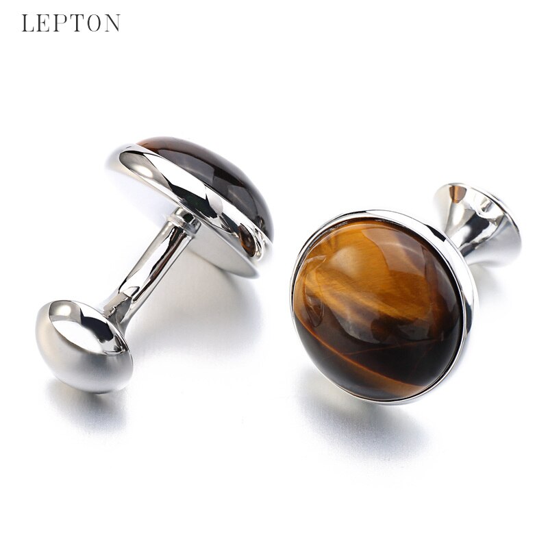 Low-key Luxury Tiger-eye Stone Cufflinks for Mens Gold Color Plated Lepton High Quality Brand Round Stone Cuff links Best Gift