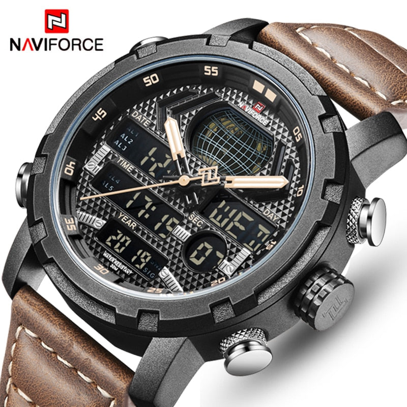 NAVIFORCE Mens Watches To Luxury Brand Men Leather Sports Watches Men&#39;s Quartz LED Digital Clock Waterproof Military Wrist Watch