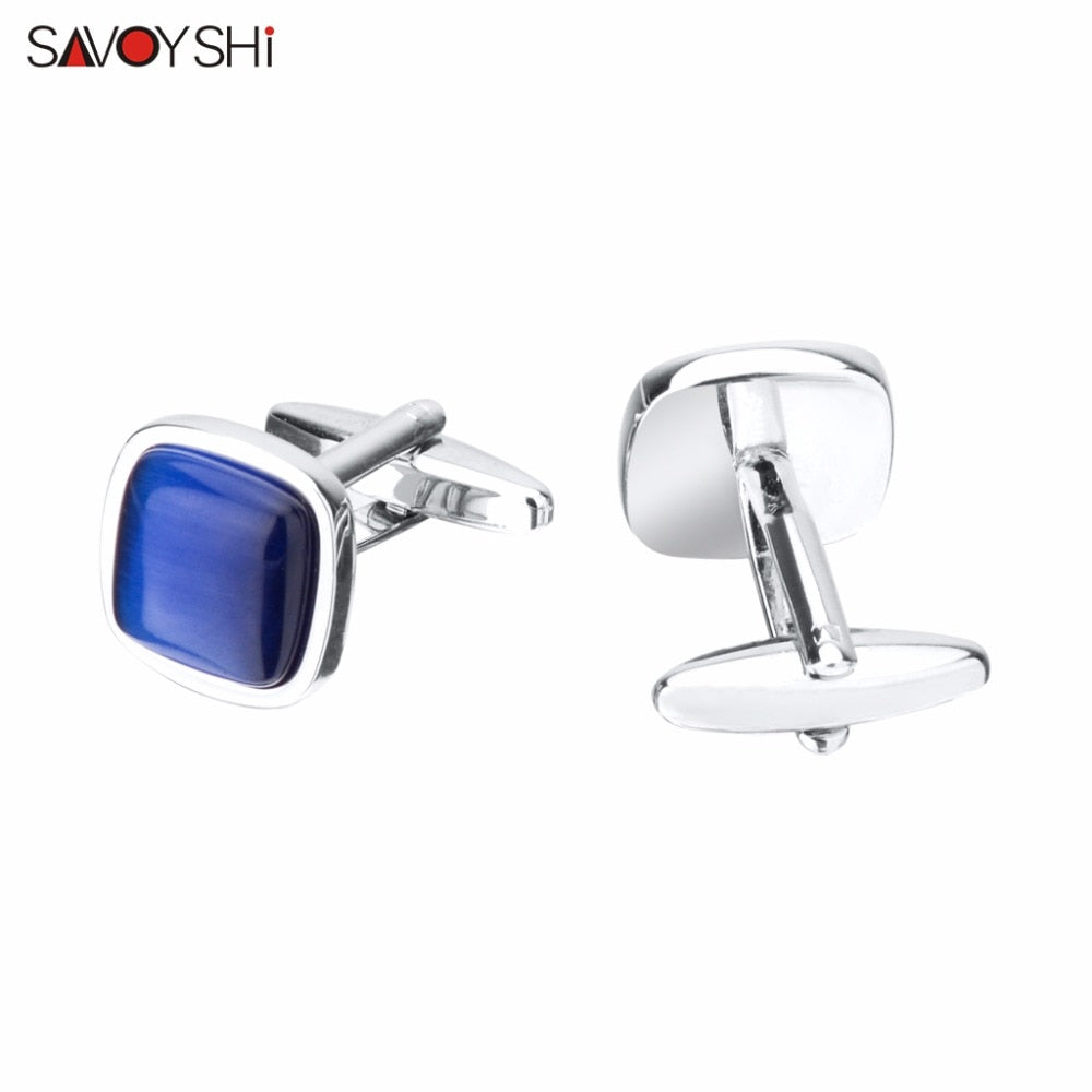 SAVOYSHI Blue Opal Stone Cufflinks for Mens Shirt Cuffs High Quality Square Cuff links Wedding Grooms Gift Free DIY Jewelry