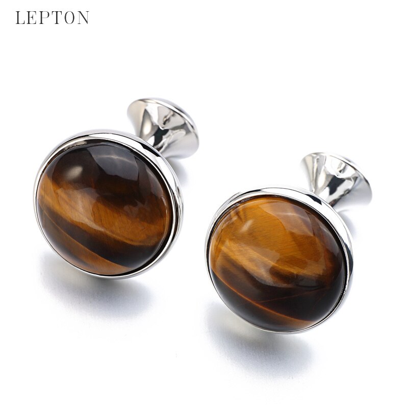 Low-key Luxury Tiger-eye Stone Cufflinks for Mens Gold Color Plated Lepton High Quality Brand Round Stone Cuff links Best Gift