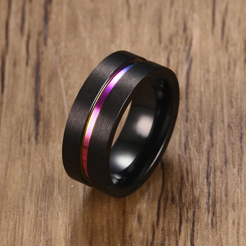 Vnox 6/8mm Black Ring for Men Women Groove Rainbow Stainless Steel Wedding Bands Trendy Fraternal Rings Casual Male Jewelry