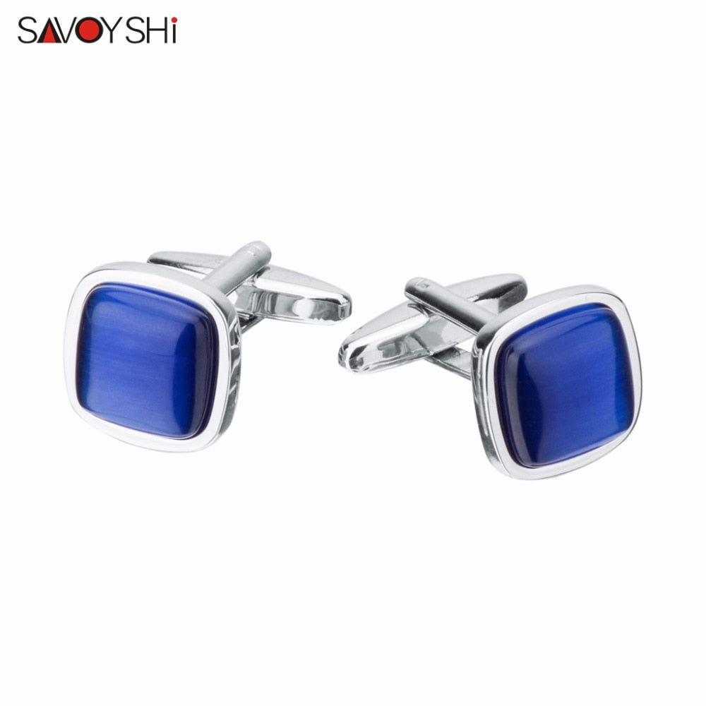 SAVOYSHI Blue Opal Stone Cufflinks for Mens Shirt Cuffs High Quality Square Cuff links Wedding Grooms Gift Free DIY Jewelry