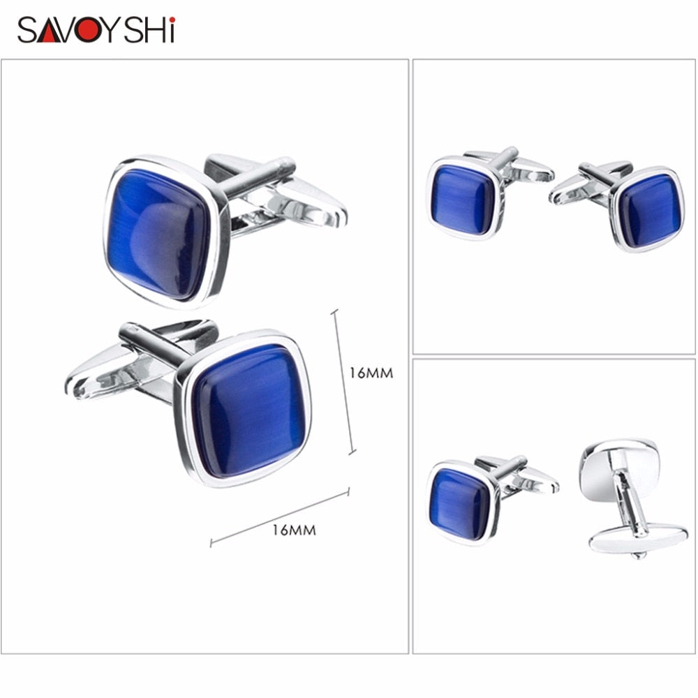 SAVOYSHI Blue Opal Stone Cufflinks for Mens Shirt Cuffs High Quality Square Cuff links Wedding Grooms Gift Free DIY Jewelry