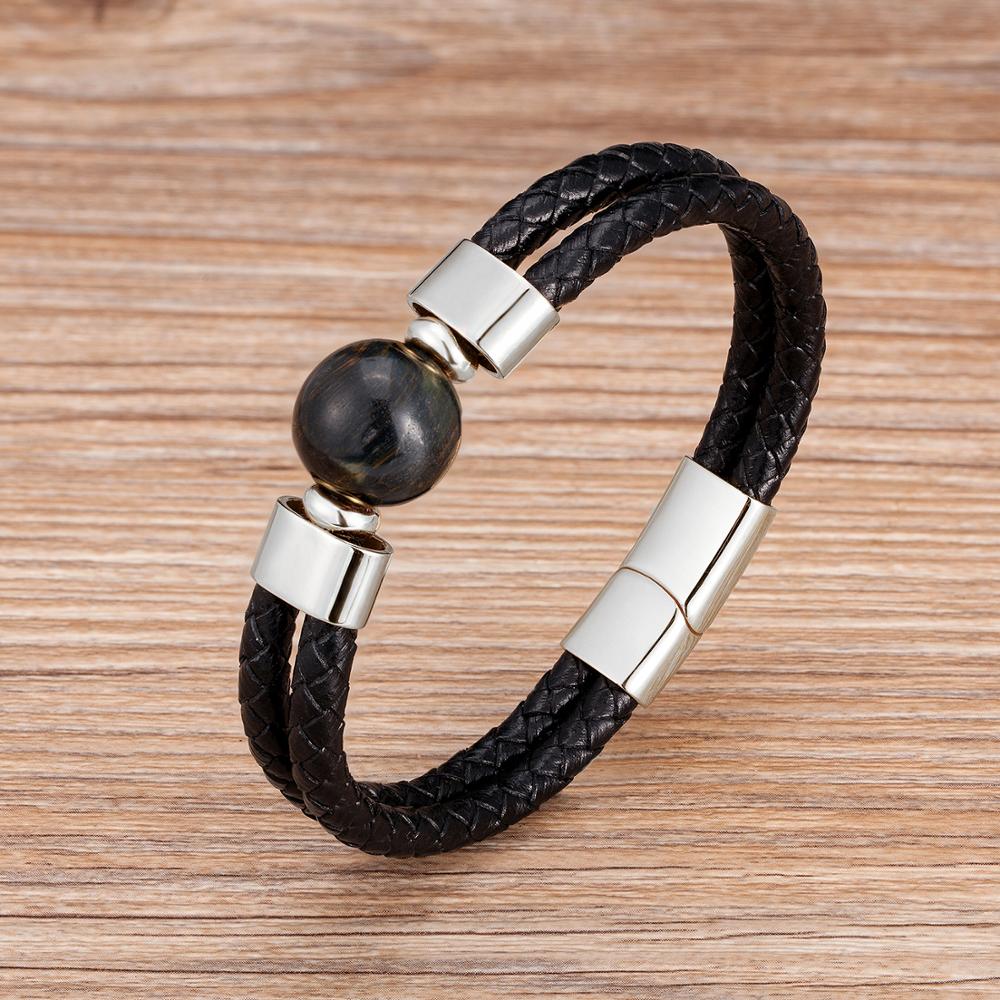 2020 Classic Double Genuine Leather Bracelet Natural Round Tiger Eye Stone Men Bracelets Stainless Steel Magnetic Mens Jewelry