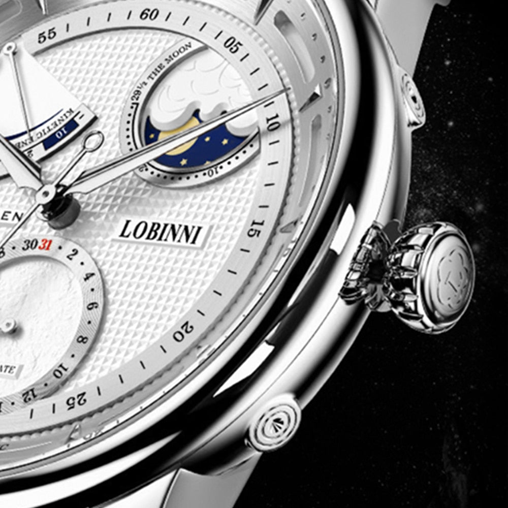 Lobinni Moon Phase Seagull Watch Mechanical Automatic Watches Mens Business Water Resistant Tianjin Movement Male Wristwatch