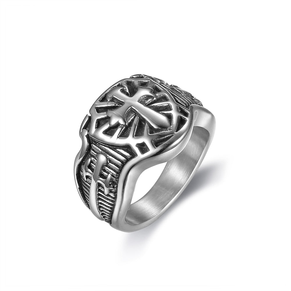 Punk 316L Stainless Steel Armor Shield Ring Knight Templar Crusade Cross Sword Christian Jewelry Medieval Signet Mens Rings