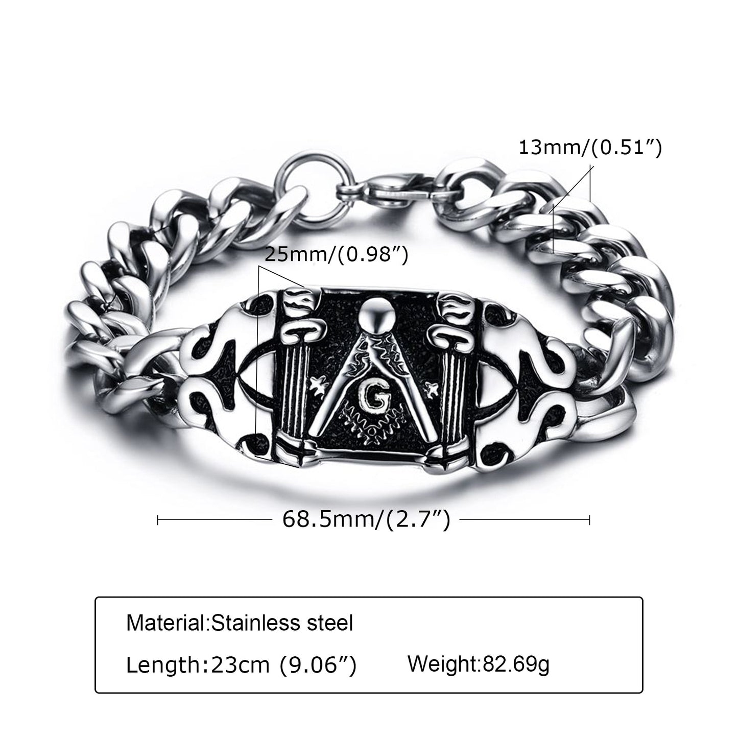 Mens Bracelet, Freemasons Bracelets, Stainless Steel Heavy Cuban Chain Bracelet, Men Jewelry 21CM