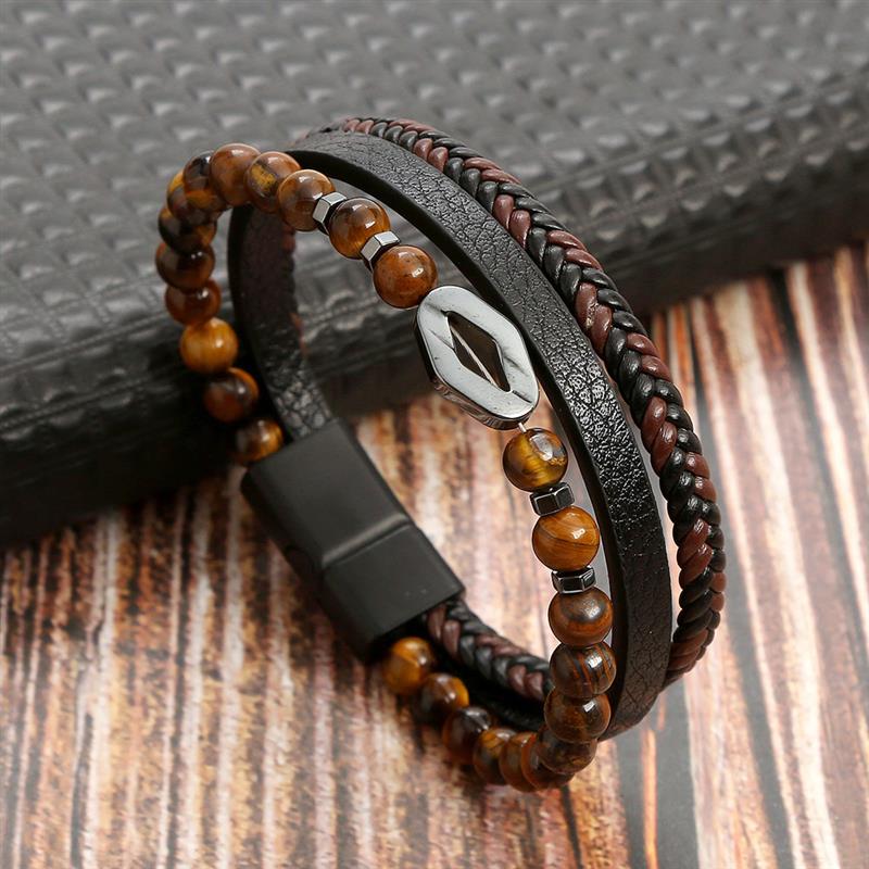 High Quality Leather Bracelet Men Classic Fashion Tiger Eye Beaded Multi Layer Leather Bracelet For Men Jewelry Gift