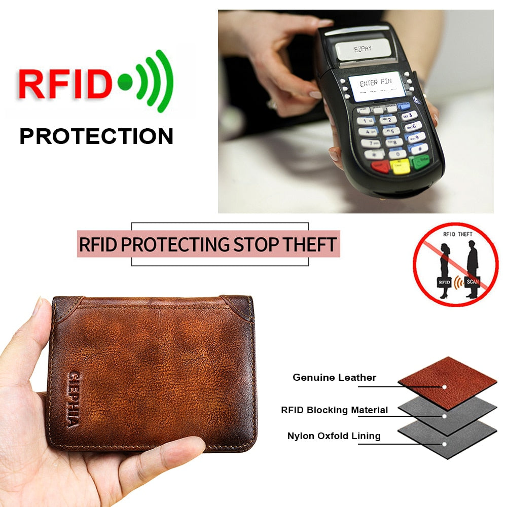 Genuine Leather Rfid Protection Wallets for Men Vintage Thin Short Multi Function ID Credit Card Holder Money Bag