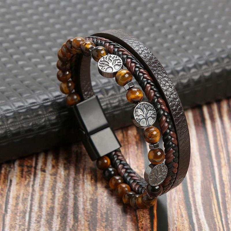 High Quality Leather Bracelet Men Classic Fashion Tiger Eye Beaded Multi Layer Leather Bracelet For Men Jewelry Gift