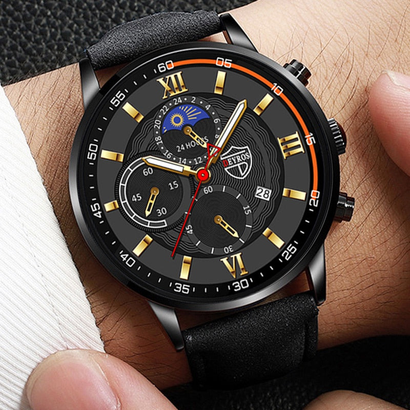 Fashion Mens Sports Watches Man Business Quartz Wristwatch Luxury Black Leather Bracelet Men Casual Luminous Clock Watch