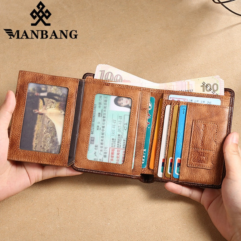 Manbang Men&#39;s Wallets RFID Genuine Leather Trifold Wallets For Men with ID Window and Credit Card Holder