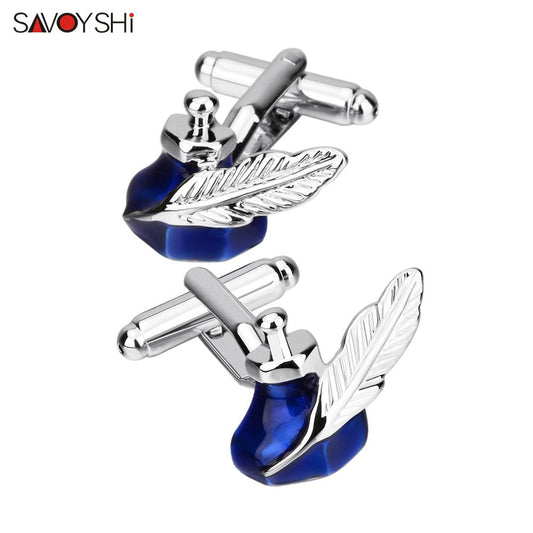 SAVOYSHI Retro Europe Blue Ink tank Cufflinks for Mens Business Shirts Gift High quality Feather Cuff links Free engraving Name