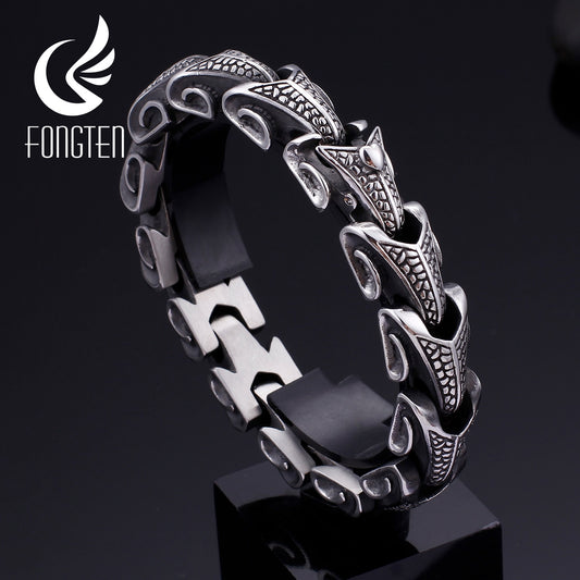 Fongten Vintage Dragon Black Stainless Steel Bracelet Punk Mens Bracelets Bangles Fashion Jewelry