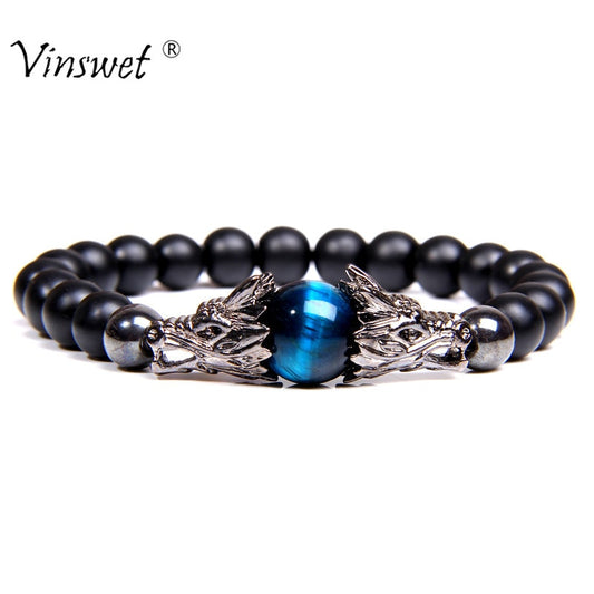 Blue Tiger Eye Bracelet Black 8MM Matte Stone Beads Silver Color Dragon Charm Bracelets For Women Men Vintage Jewelry Homme