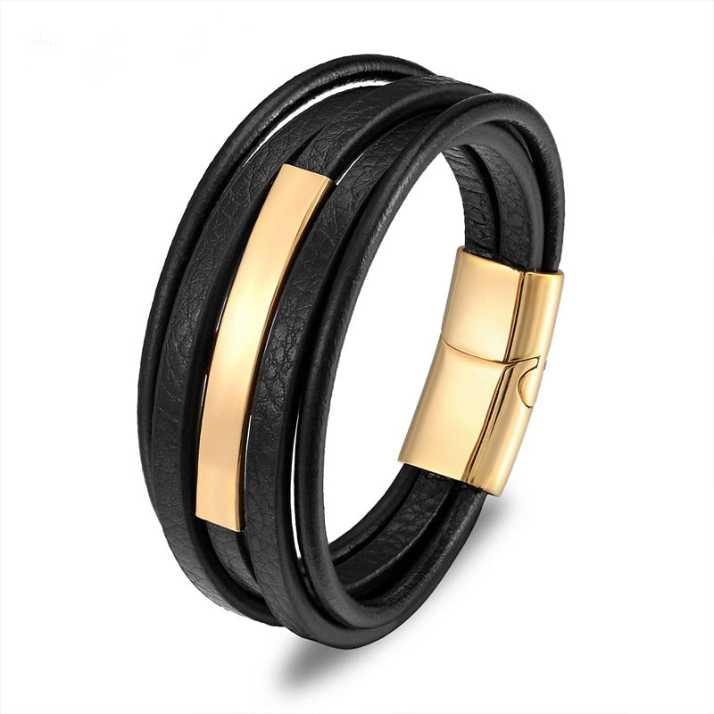 Geometric Stainless Steel Accessories Combination Leather Men's Bracelet Classic Multi-layer Luxury Style For Handsome Boys Gift