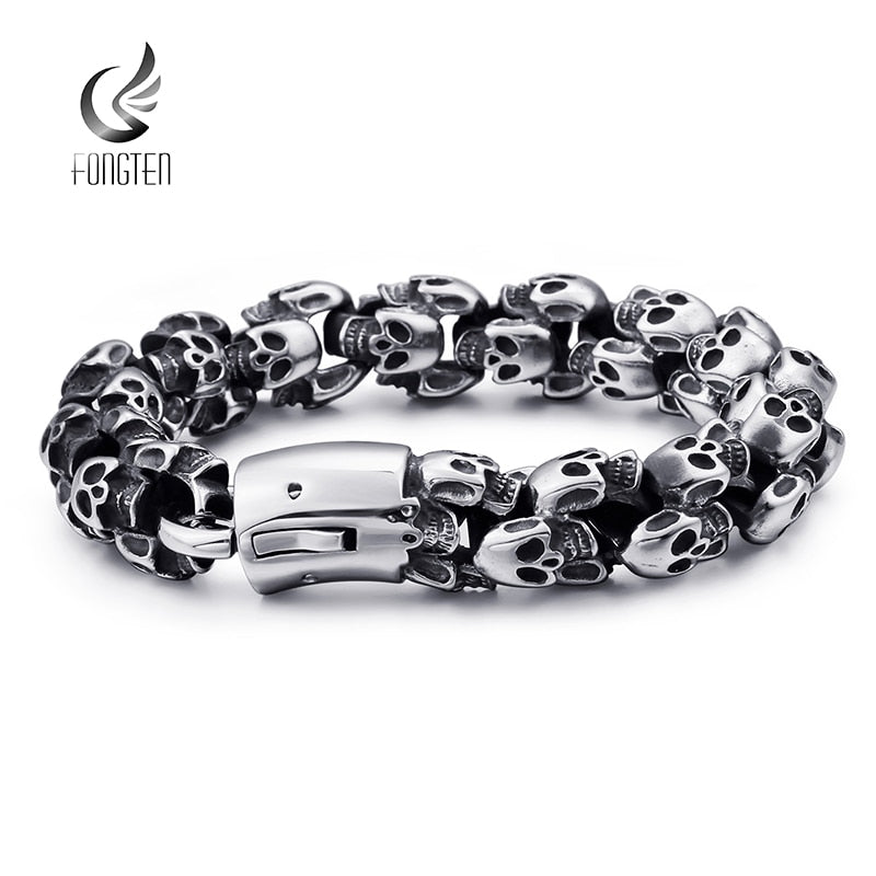 Fongten Vintage Skull Stainless Steel Bracelets For Men Black Punk Steleton Link Chian Mens Bracelet Fashion Accessoires Jewelry