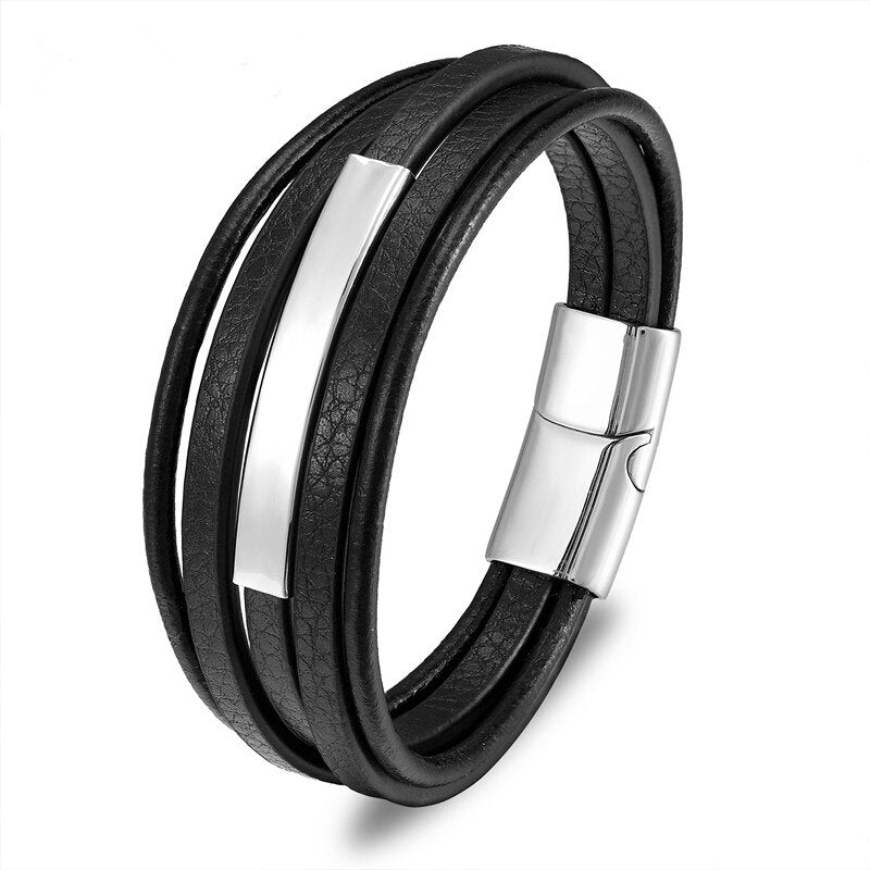 Geometric Stainless Steel Accessories Combination Leather Men's Bracelet Classic Multi-layer Luxury Style For Handsome Boys Gift