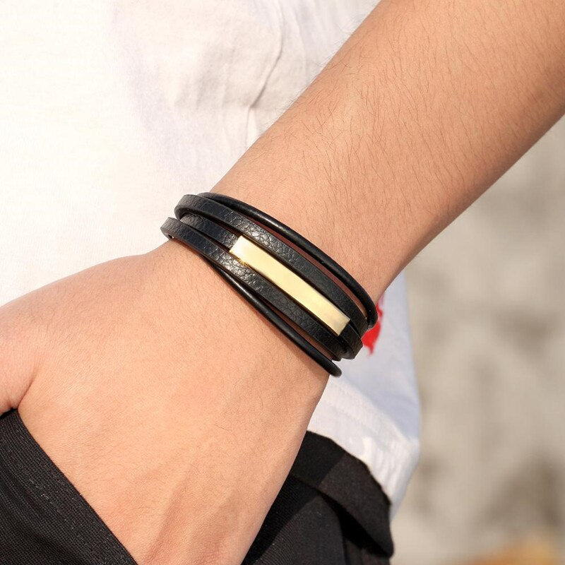 Geometric Stainless Steel Accessories Combination Leather Men's Bracelet Classic Multi-layer Luxury Style For Handsome Boys Gift